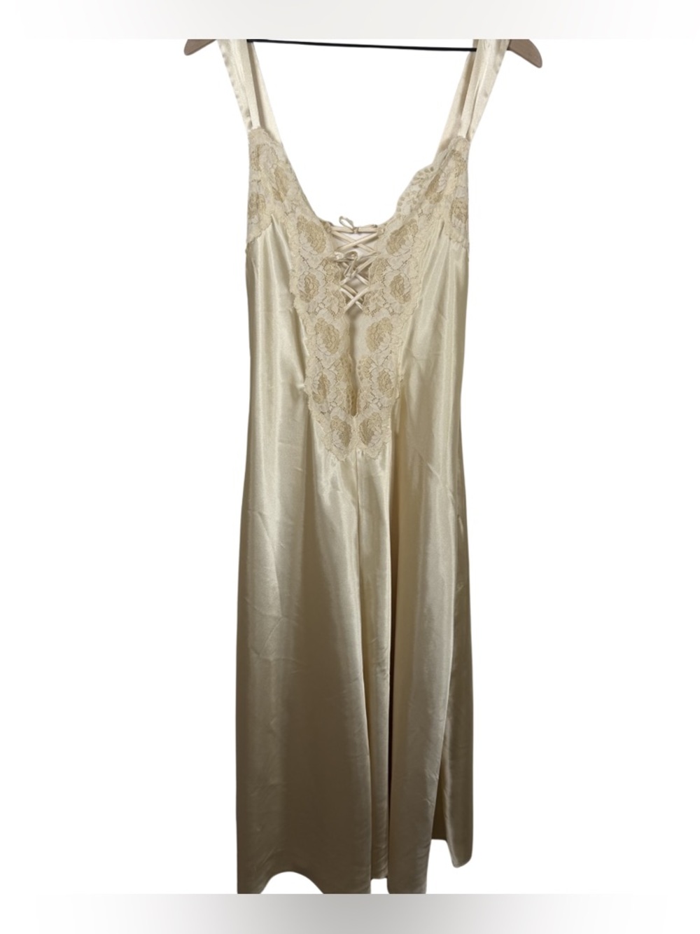 Sold - VTG Victoria’s Secret Gold Satin Slip Nightgown Dress Lace Up Size S Y2K